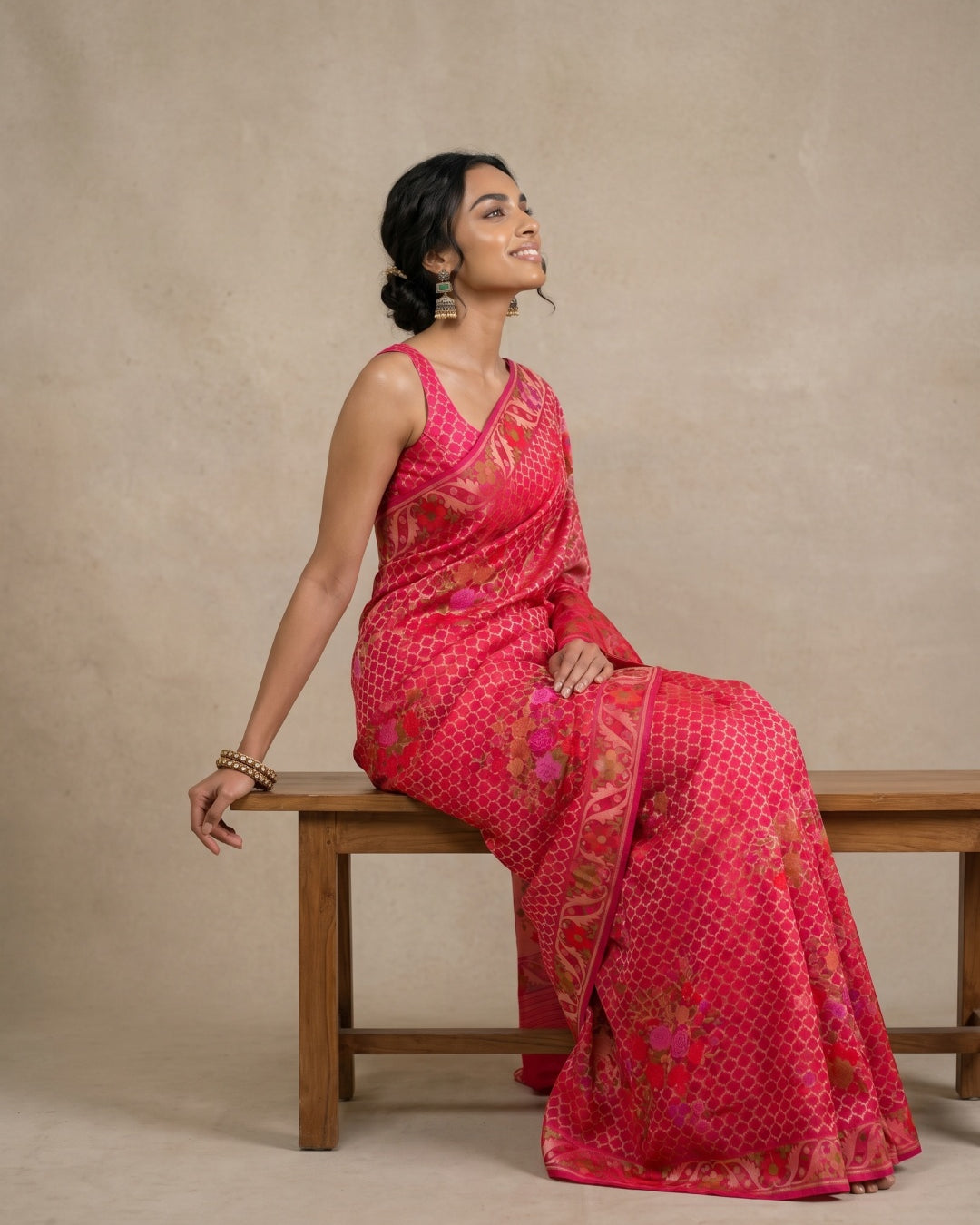 Bright Pink Pure Kora Silk Saree with Jamdani Weave & Border - detail