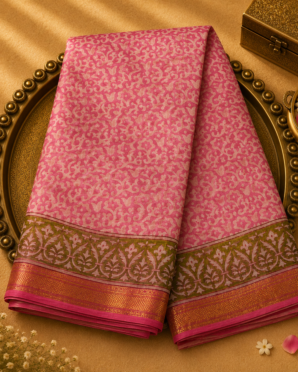 Light Baby Pink Chanderi Silk Saree with Floral Design & Green Border