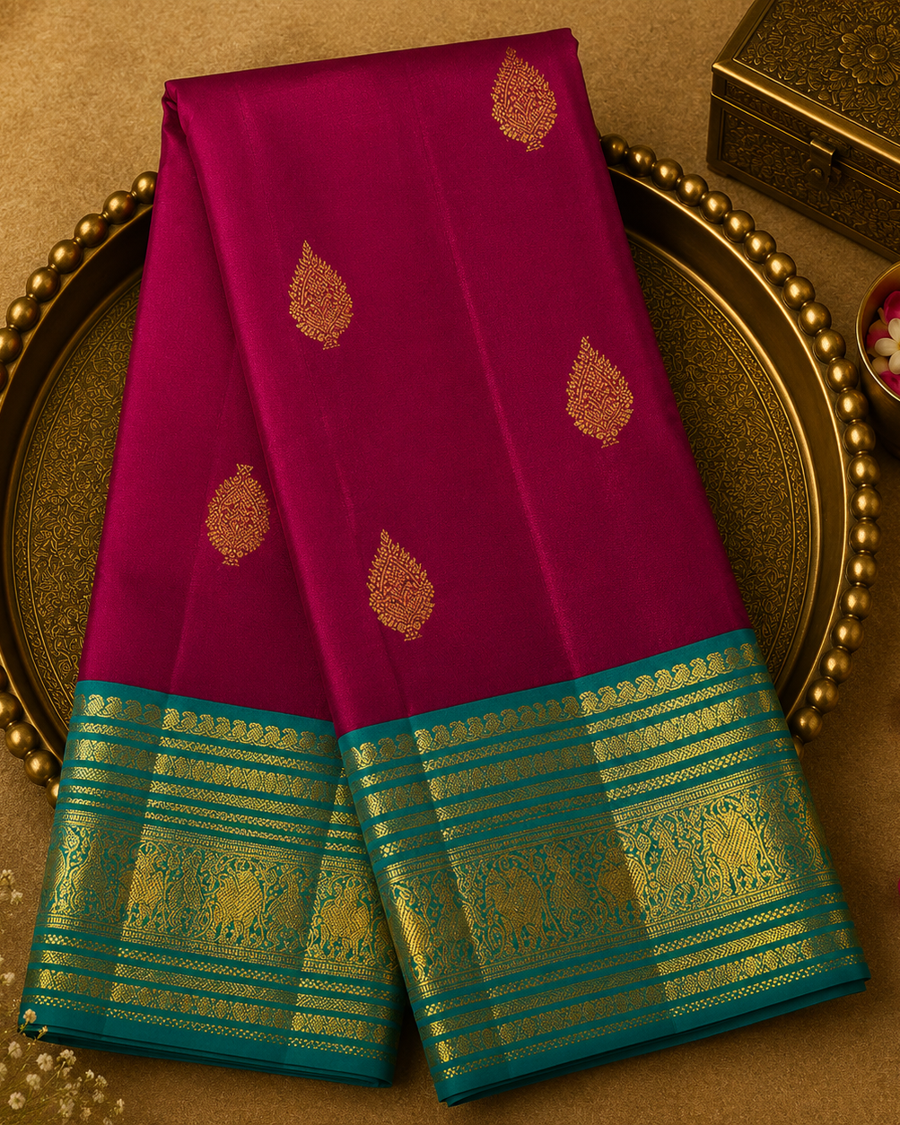 Magenta Kanjeevaram Silk Saree with Gold Zari Motifs