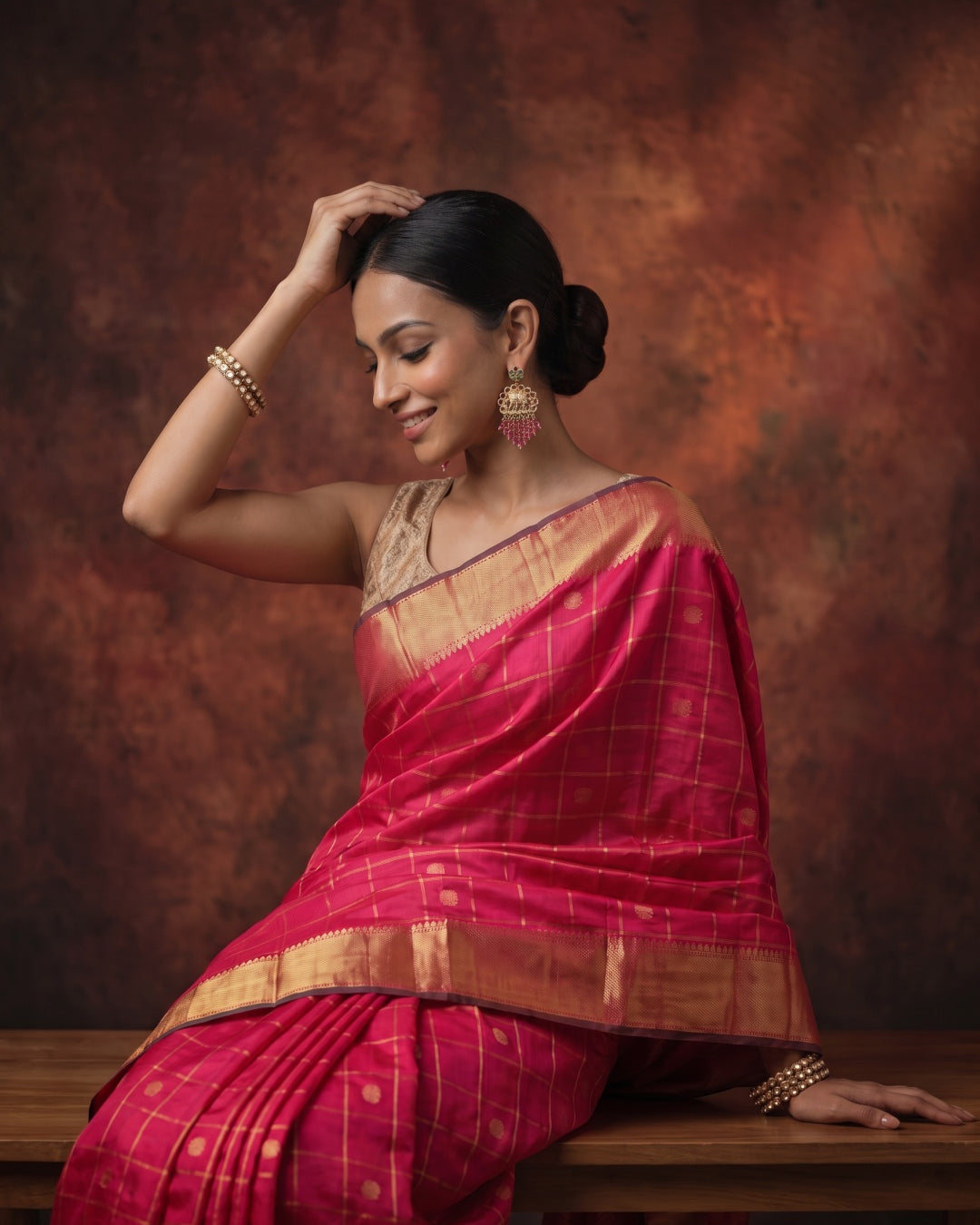 Bright Red & Pink Dual-Tone Pure Kanjeevaram Silk Saree with Zari Checks - detail