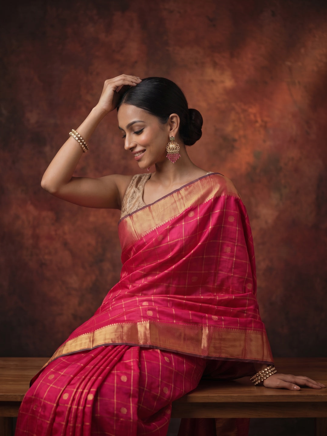 Bright Red & Pink Dual-Tone Pure Kanjeevaram Silk Saree with Zari Checks - detail