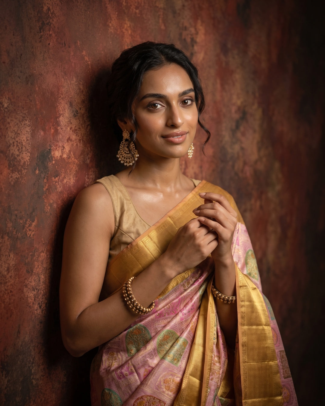 Onion Pink Pure Kanjeevaram Tissue Brocade Saree with Yellow Zari Border - detail