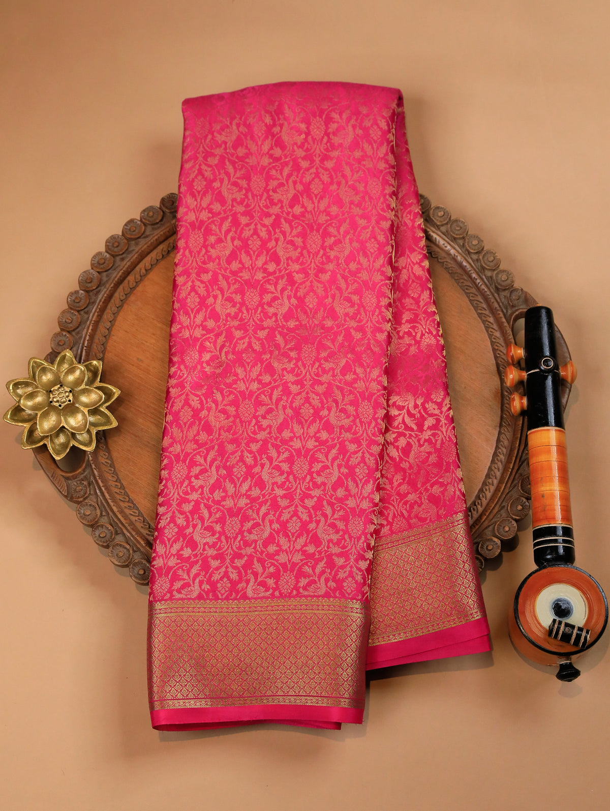 Hot Pink Pure Mysore Silk Saree with Floral Zari Brocade & Border