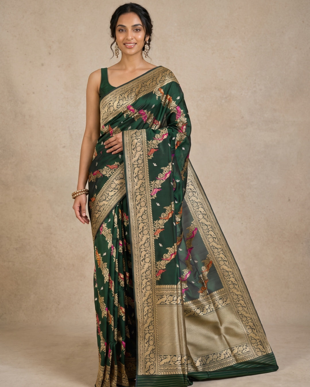 Bottle Green Pure Banarasi Silk Saree with Meenakari Birds & Peacock Border - detail