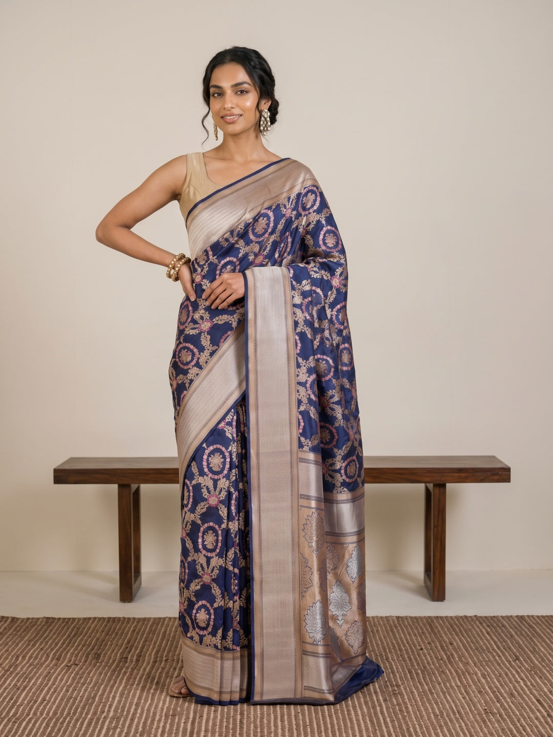 Dark Navy Blue Pure Banaras Brocade Silk Saree with Meenakari & Zari Border - detail