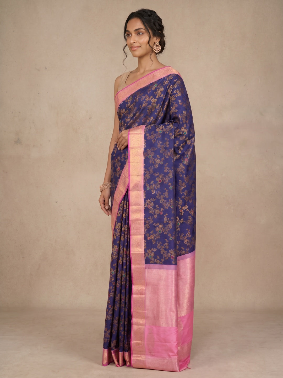 Dark Blue Pure Kanjeevaram Silk Saree with Gold Brocade & Light Pink Border