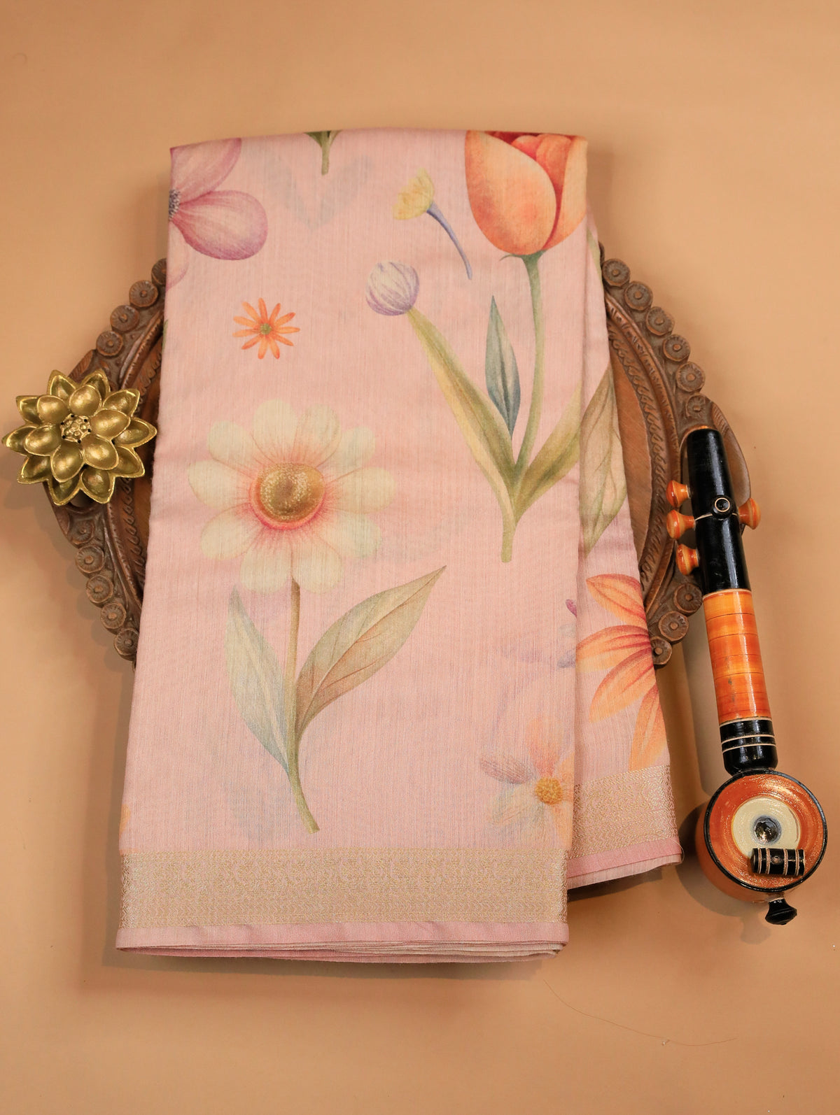 Dusky Pink Pure Banarasi Silk Saree with Floral Print & Zari Border