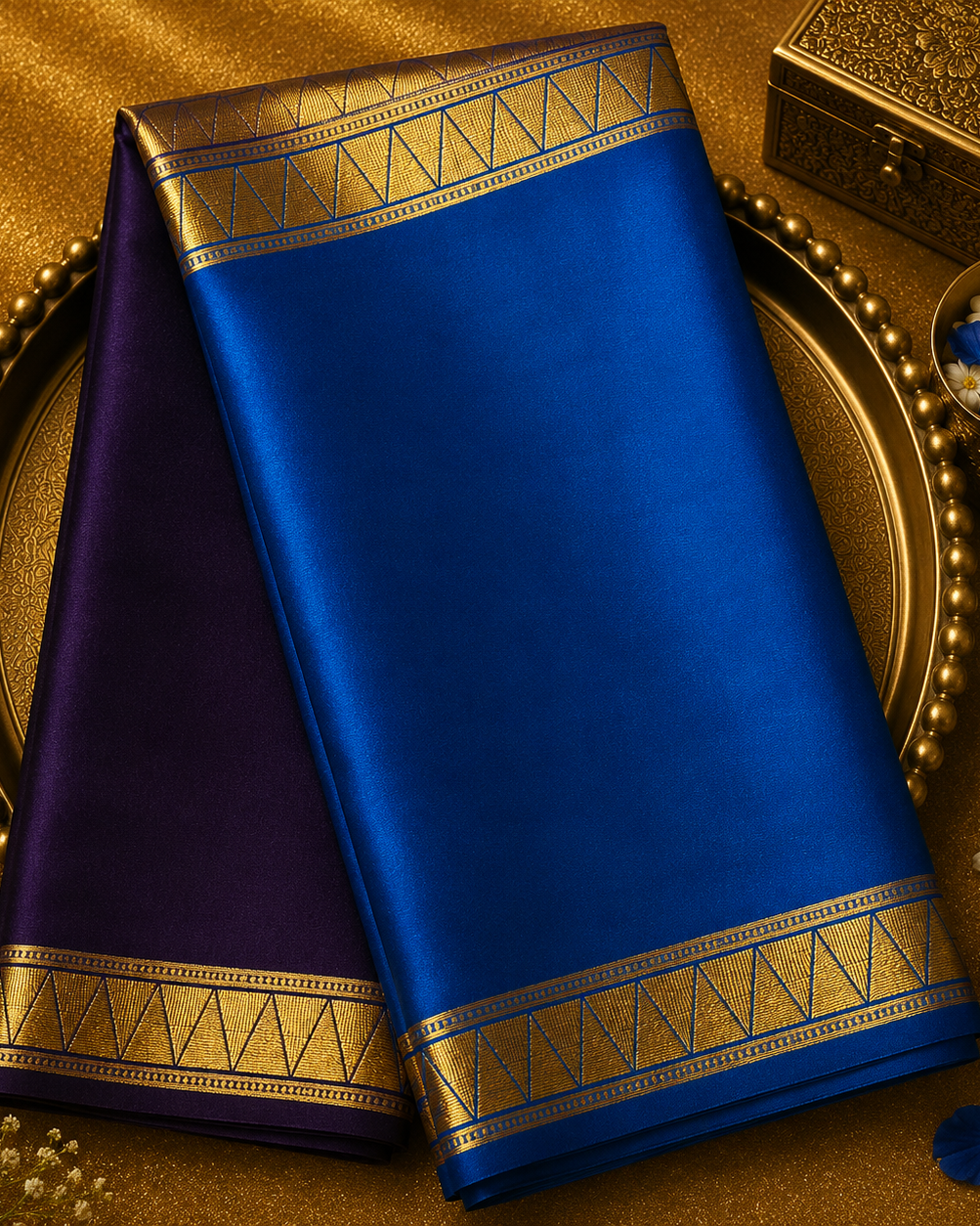 Dark Purple-Peacock Blue Half-and-Half Pure Mysore Crepe Silk Saree
