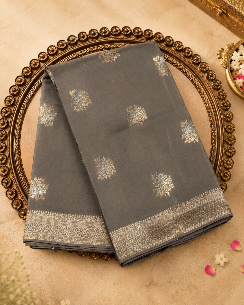Grey Semi Banarasi Silk Saree with Gold Zari Floral Motifs & Border