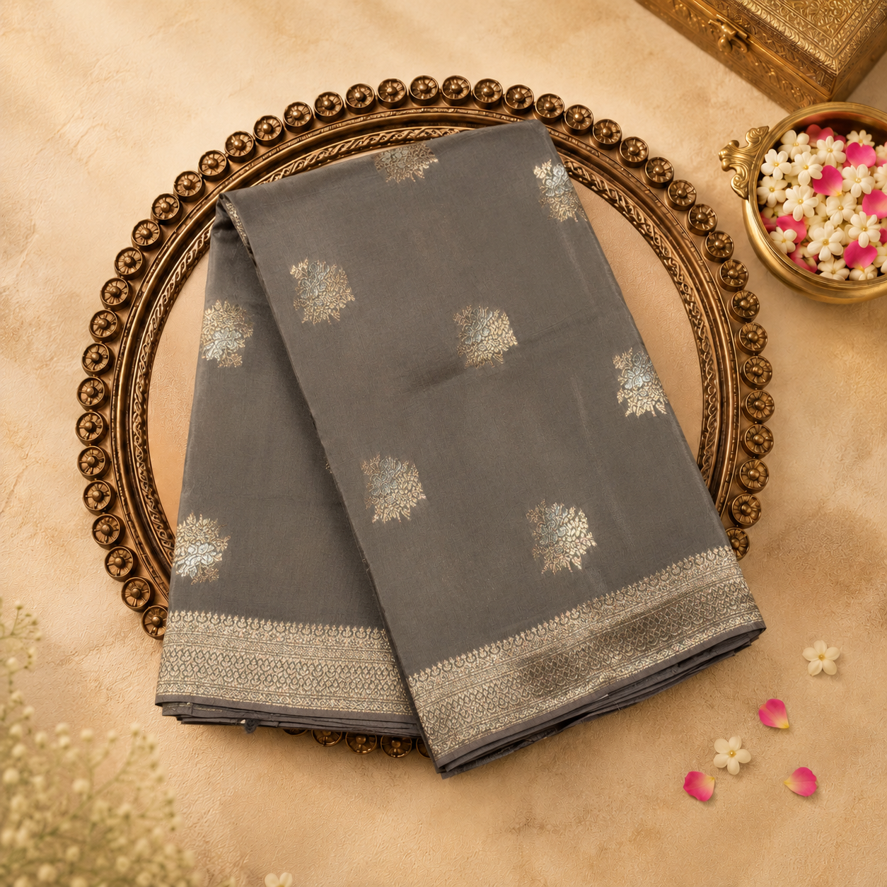 Grey Semi Banarasi Silk Saree with Gold Zari Floral Motifs & Border