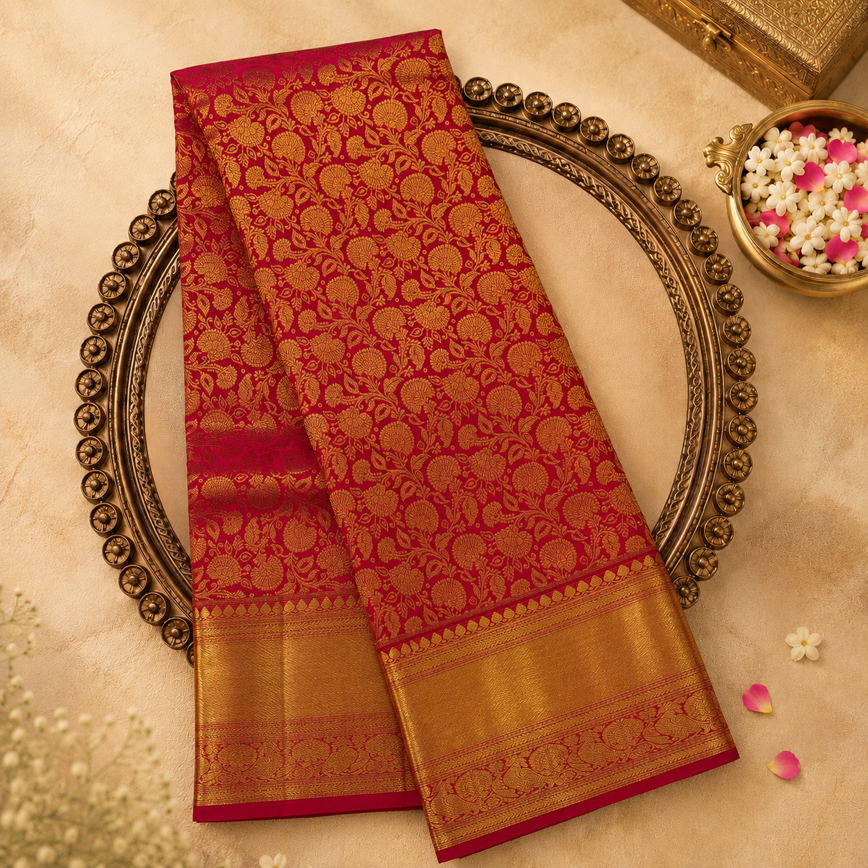 Dark Red Kanchivaram Pure Brocade Silk Saree with Floral Weave