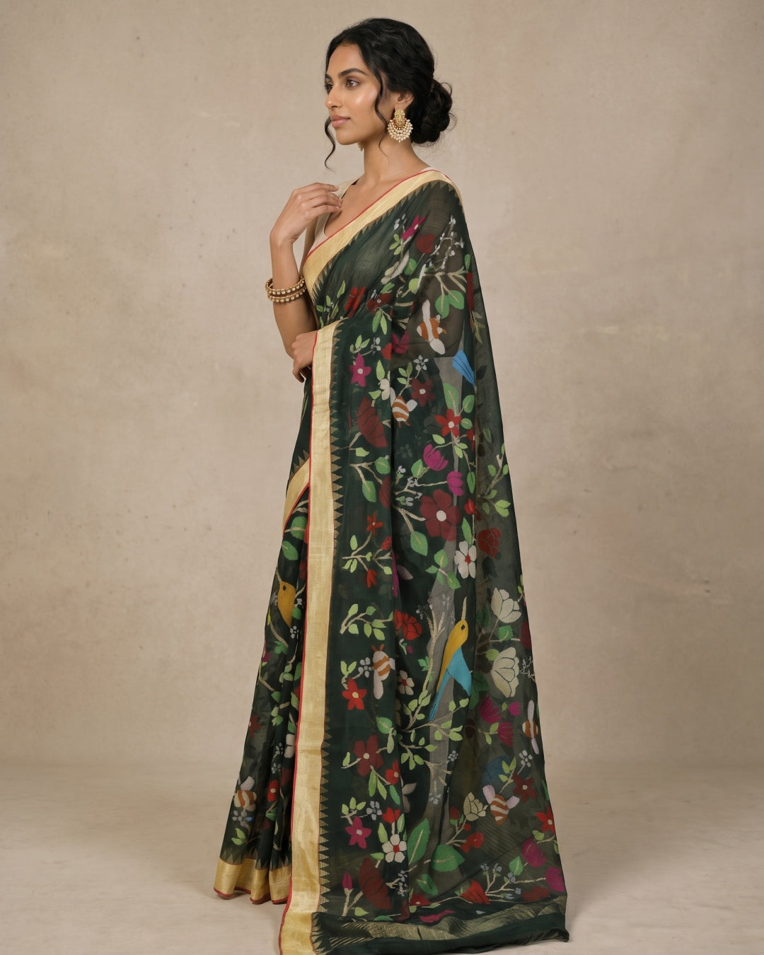 Bottle Green Pure Khaddi Saree with Meenakari Jamdani & Gold Border