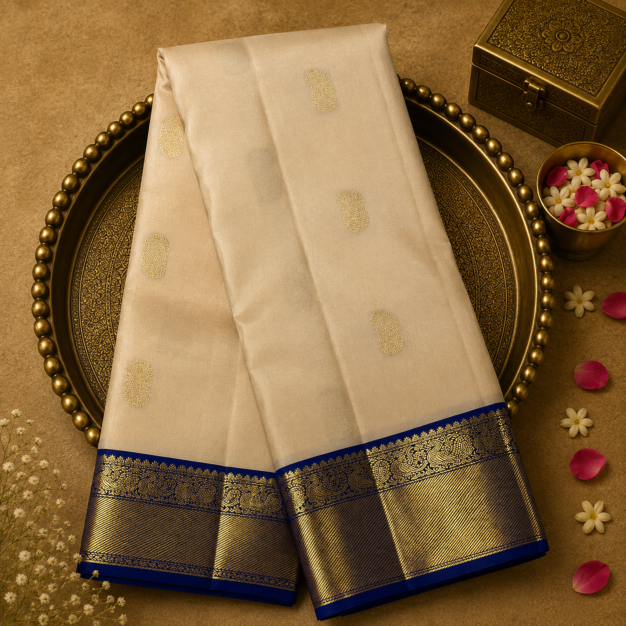 Beige Kanjeevaram Silk Saree with Mango Zari, Ink Blue-Gold Border & Blouse
