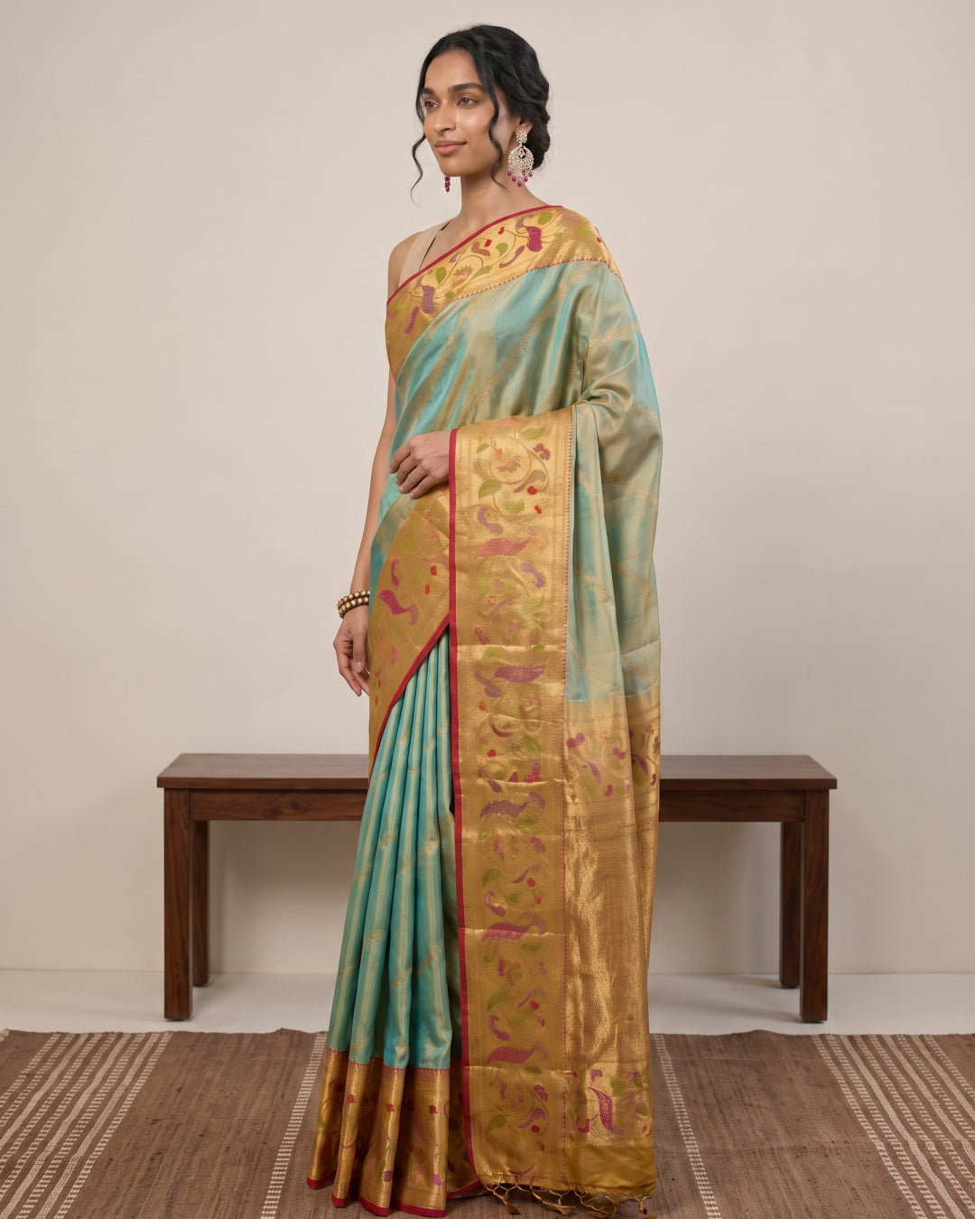 Light Green Pure Kanjeevaram Tissue Silk Saree with Paithani Border