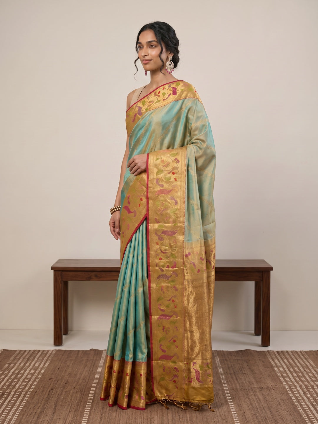 Light Green Pure Kanjeevaram Tissue Silk Saree with Paithani Border