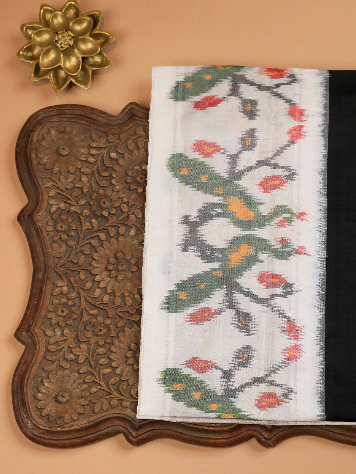 Black Pure Ikat Silk Saree with White Buttas & Broad Ikat Border