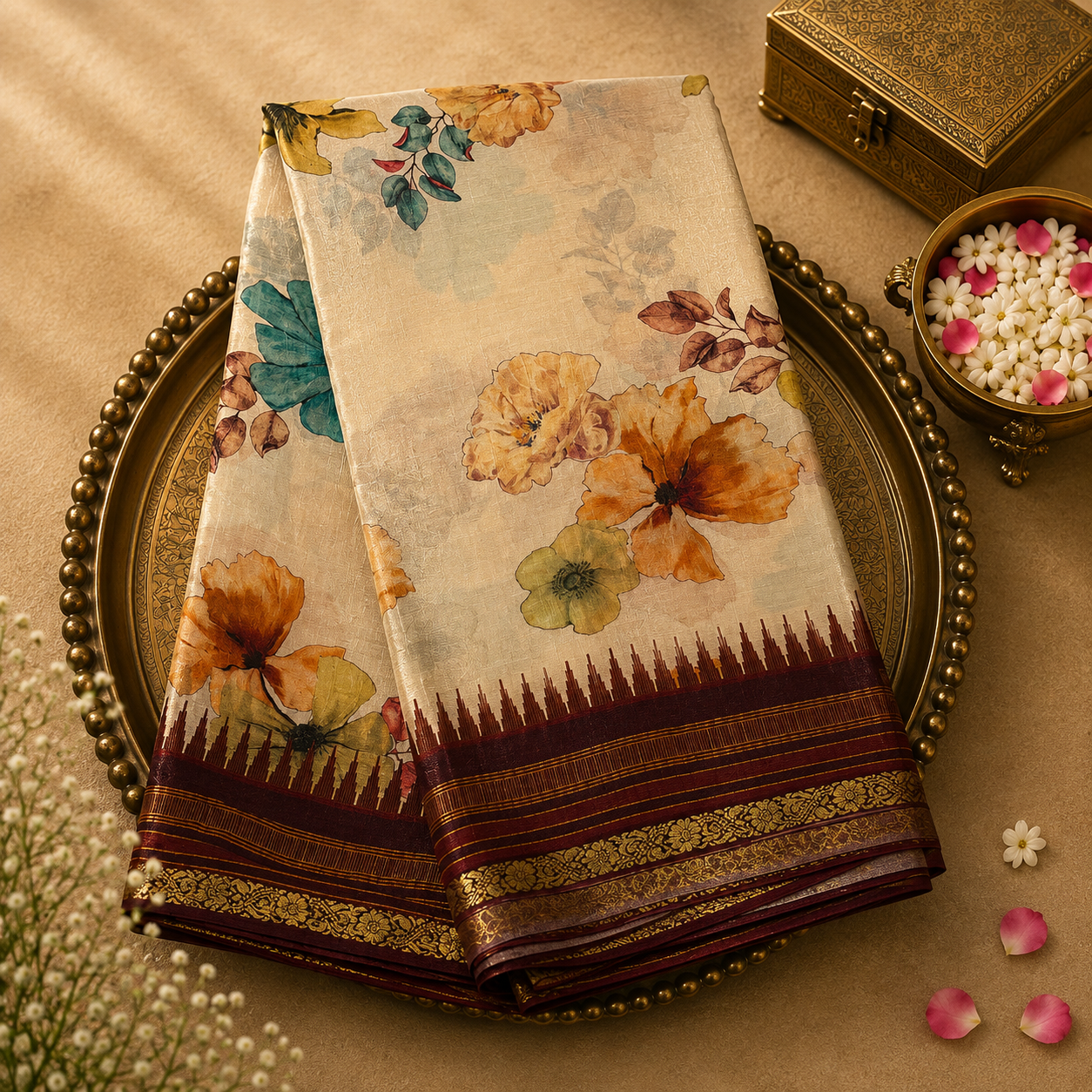 Beige Crepe Georgette Saree with Digital Floral Print & Brown Border