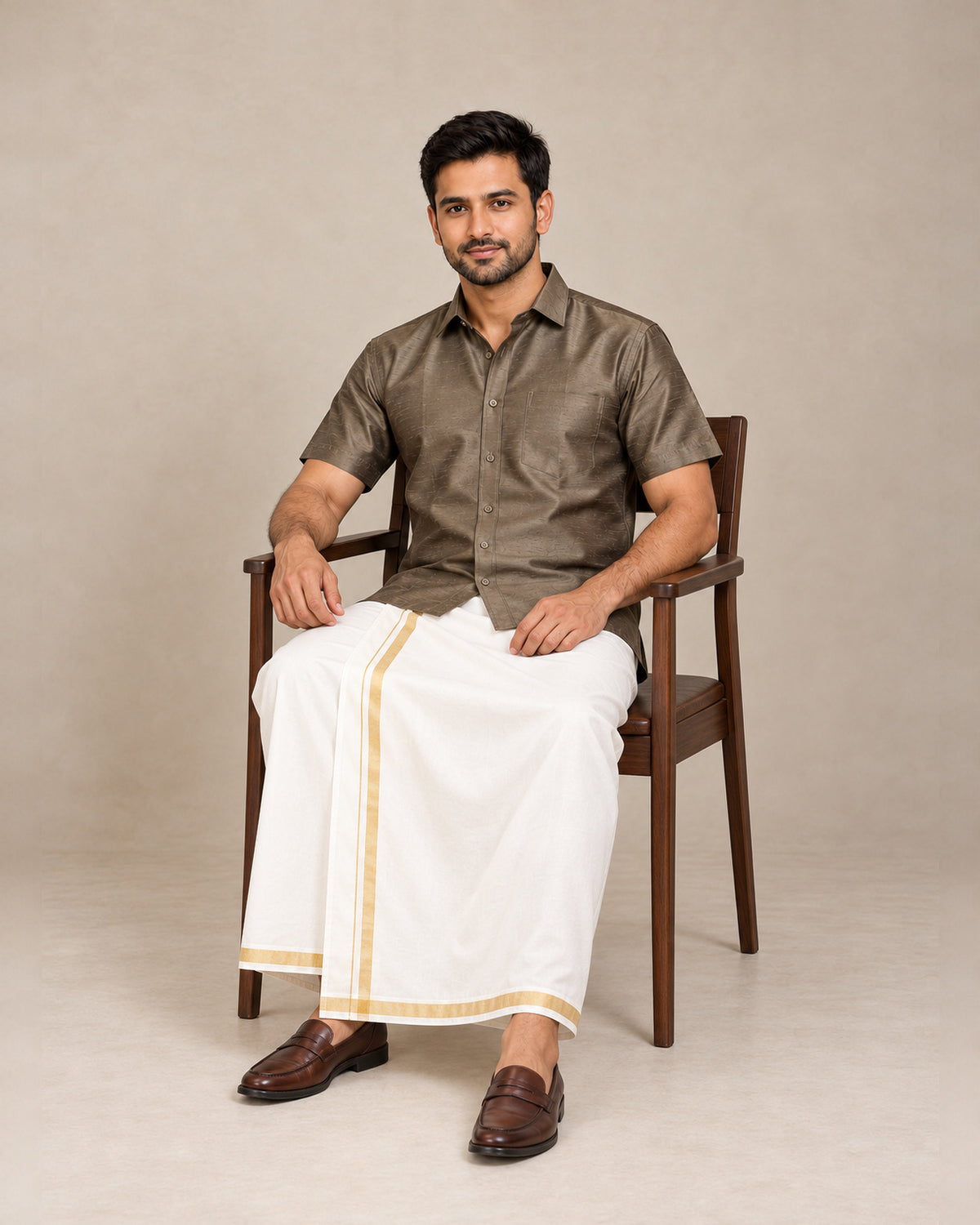 Khaki Brown Plain Raw Silk Shirt