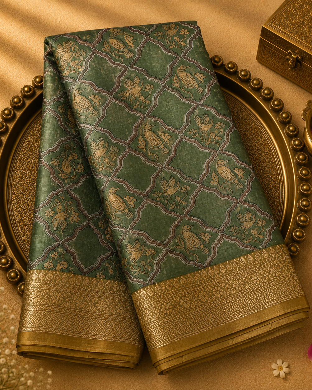 Pista Green Maheshwari Cotton Saree with Bird Print & Zari Border
