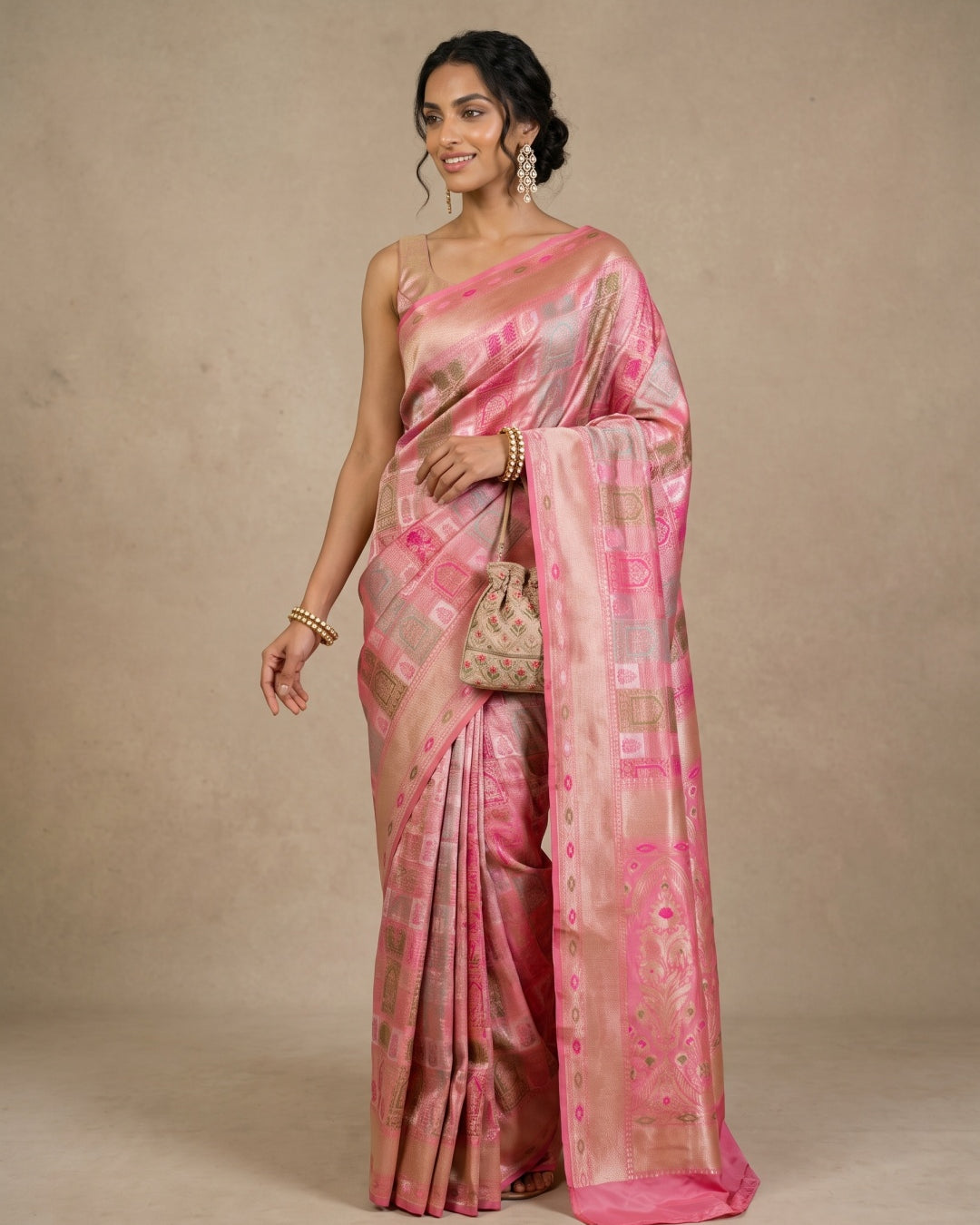 Blush Pink Pure Banarasi Brocade Silk Saree with Meenakari Work - detail