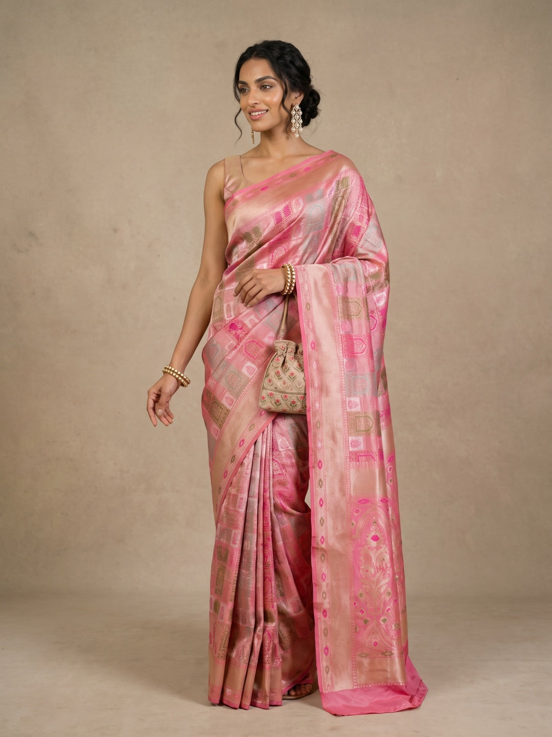 Blush Pink Pure Banarasi Brocade Silk Saree with Meenakari Work - detail
