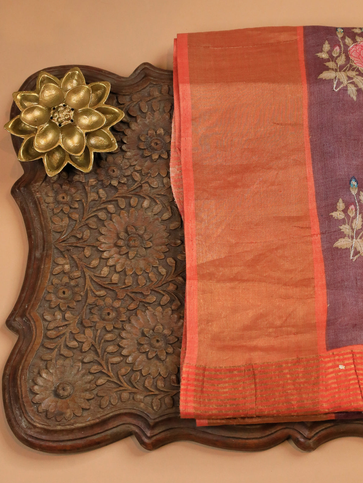 Dusky Purple Pure Tussar Silk Saree with Floral Print & Orange Border