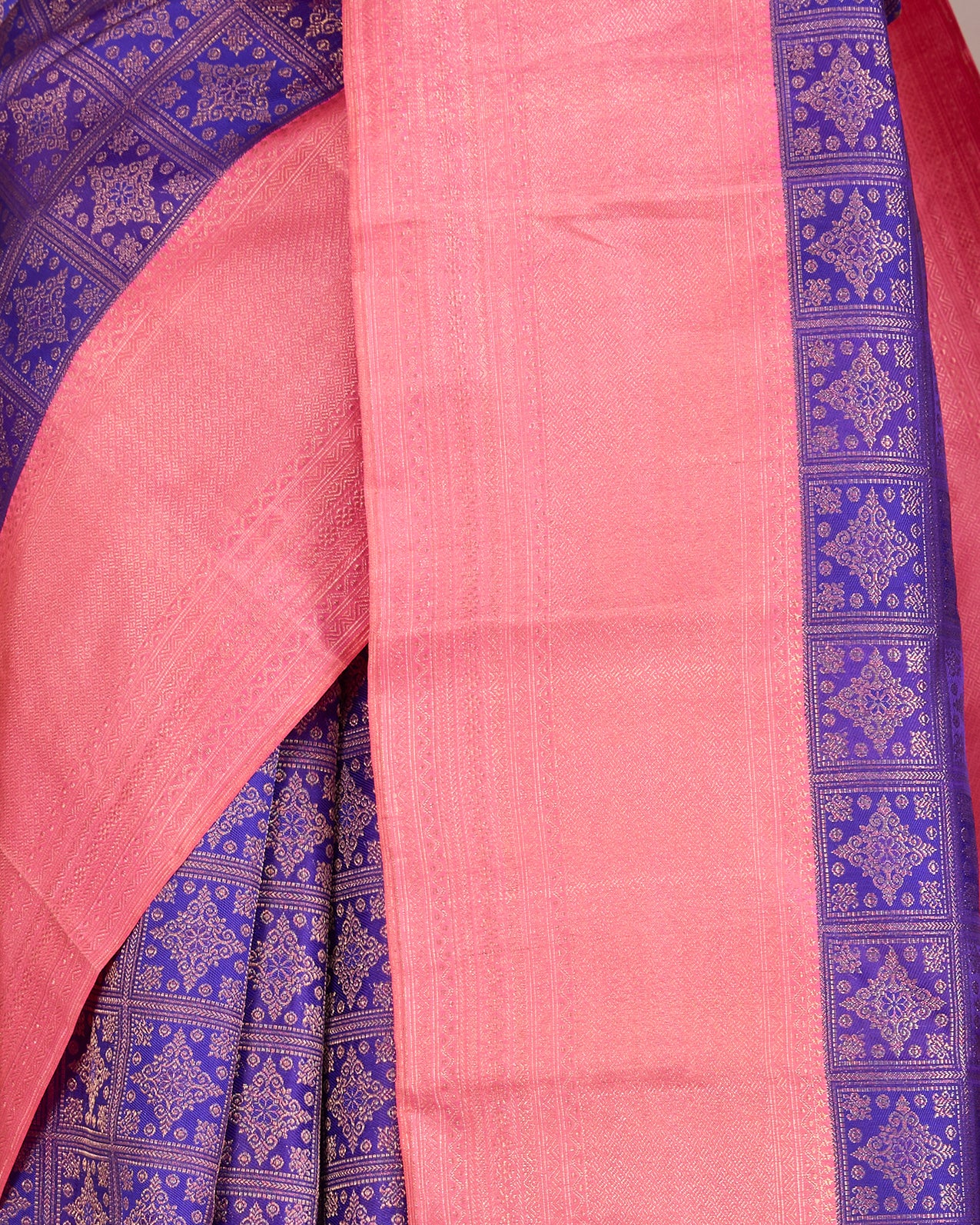 Bright Purple Pure Kanjeevaram Silk Saree with Brocade & Peach Zari Border - detail