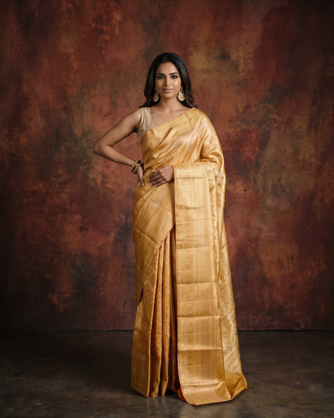 Bright Reddish Orange Pure Kanjeevaram Silk Saree with Gold & Silver Vertical Weave - detail