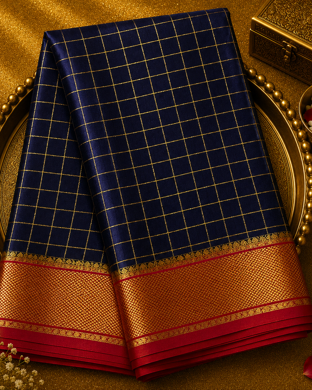 Dark Purple Pure Mysore Crepe Silk Saree with Zari Checks