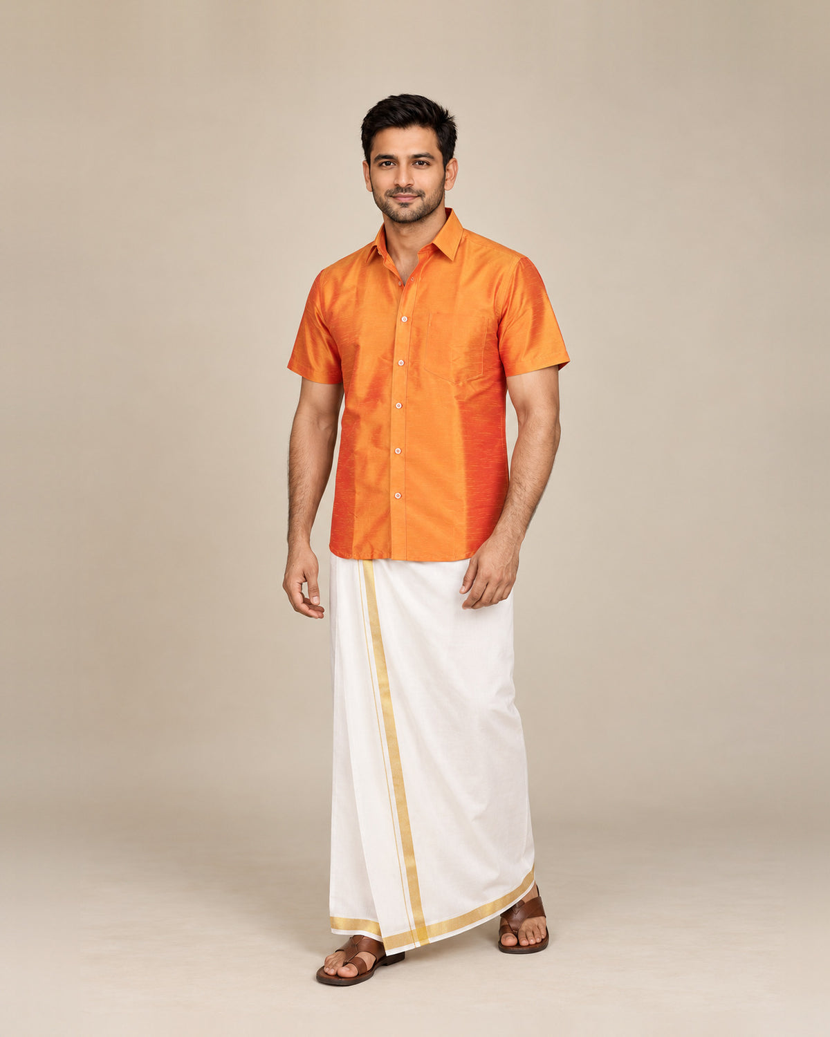 Burnt Mustard Orange Plain Raw Silk Shirt