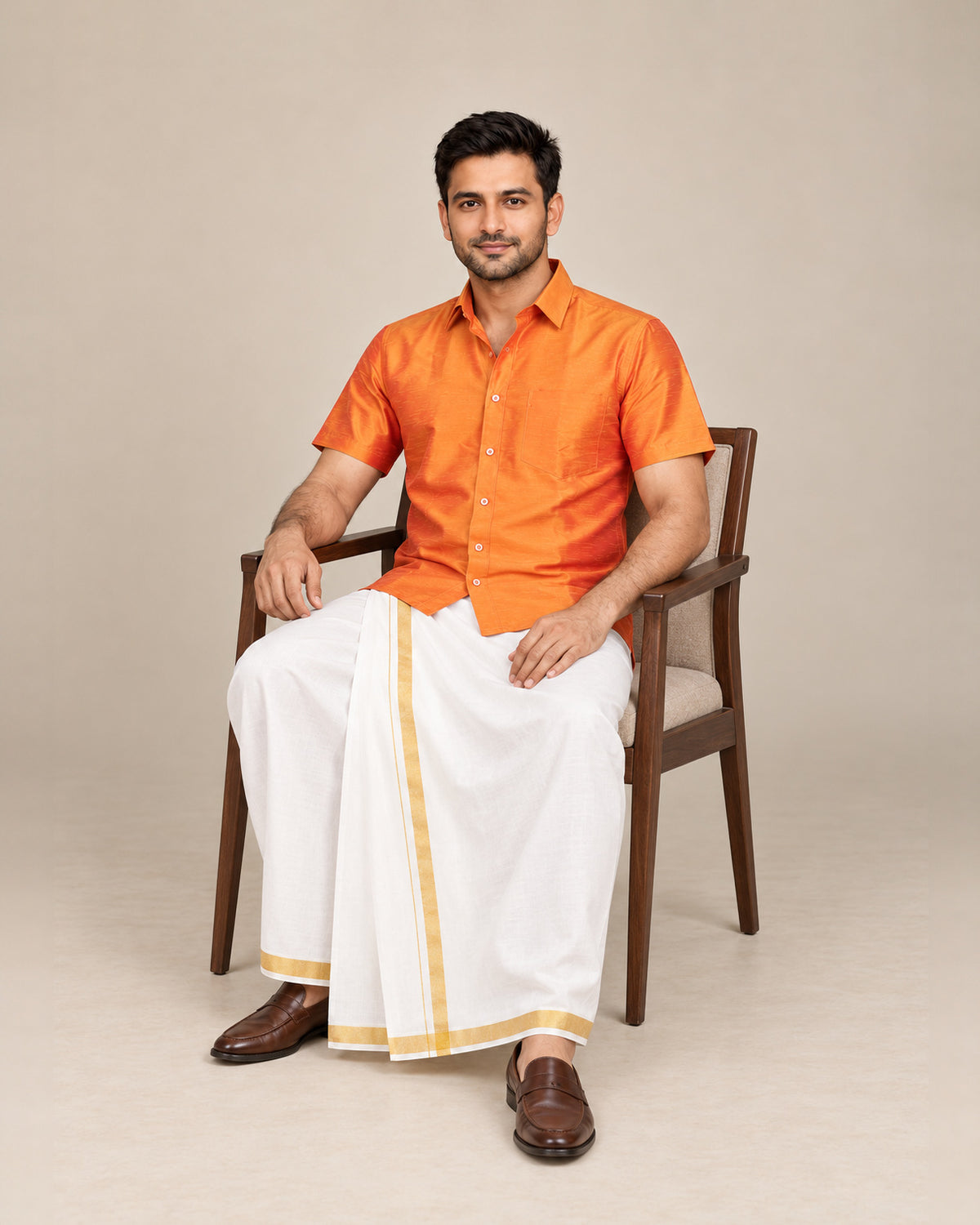 Burnt Mustard Orange Plain Raw Silk Shirt