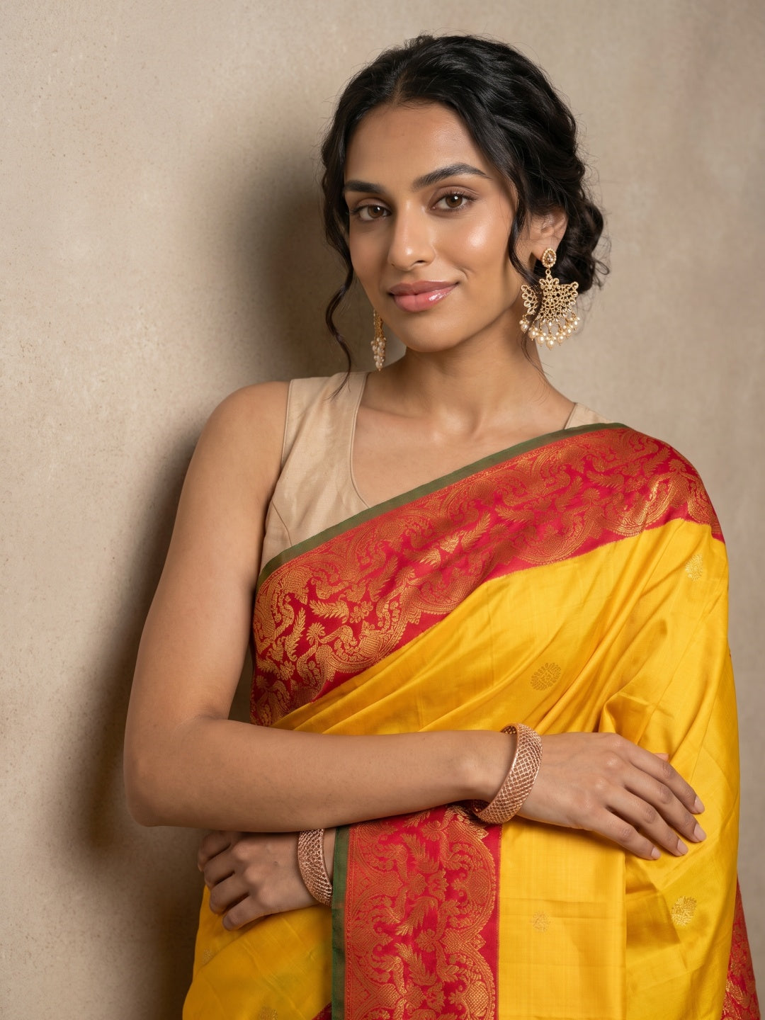 Yellow Pure Kanjeevaram Silk Saree with Gold Zari Motifs & Red Border