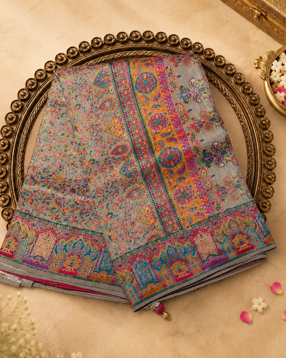 Pista Green Semi Pashmina Silk Saree with Meenakari Paisley Border