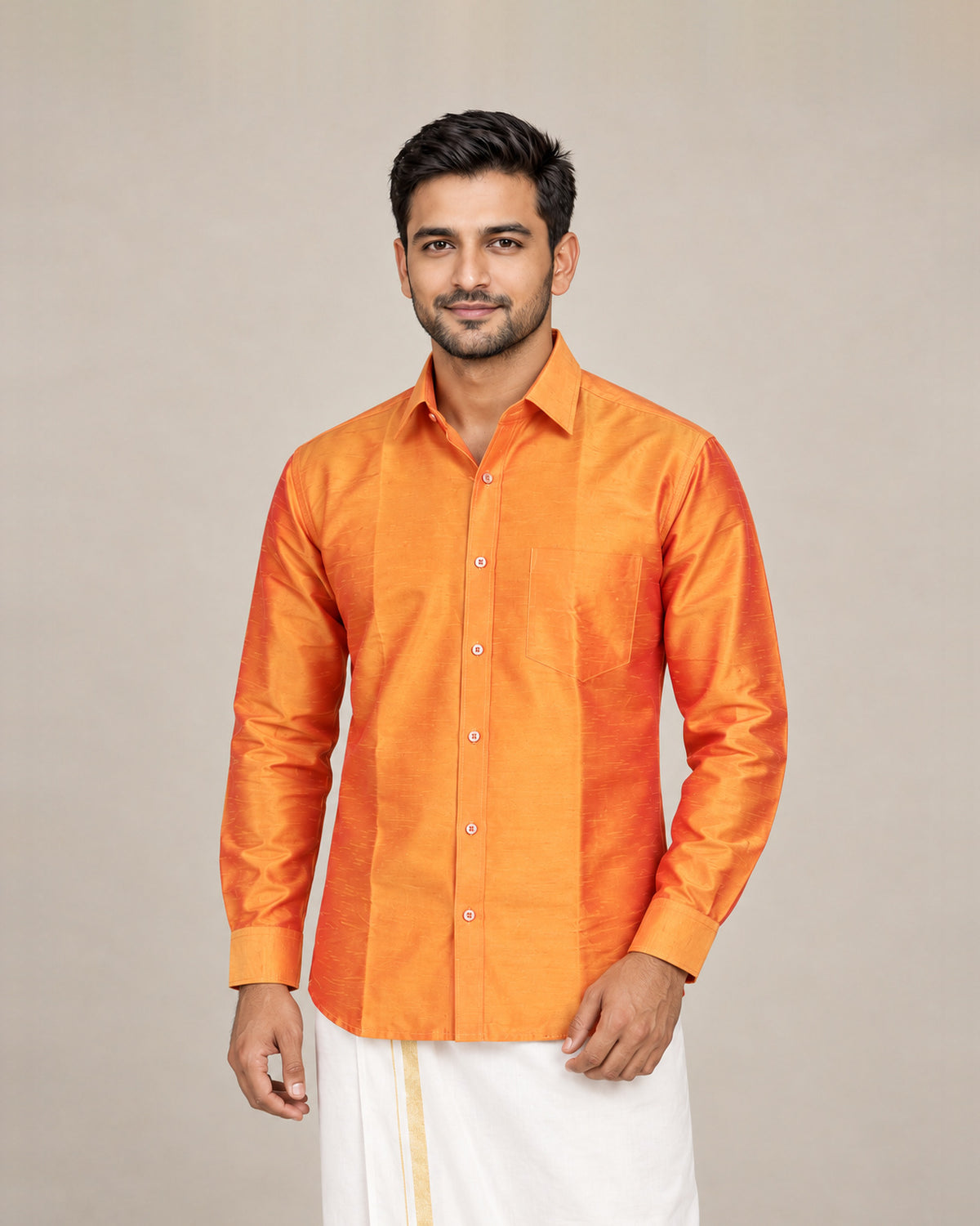 Orange Plain Raw Silk Shirt