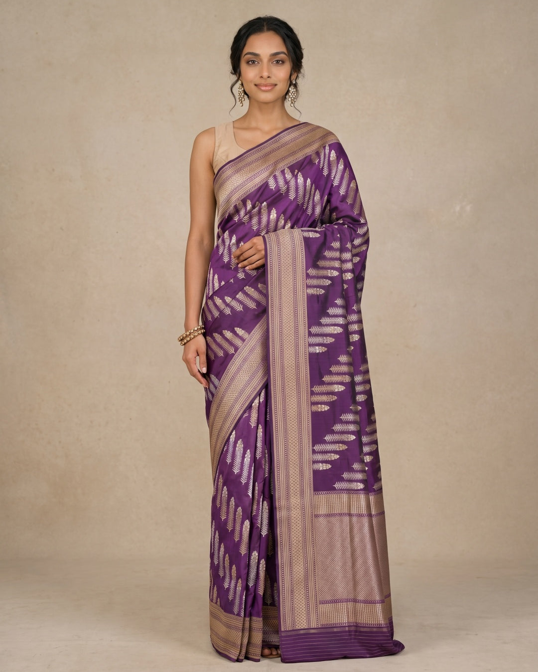 Purple Pure Banarasi Silk Saree with Gold & Silver Diagonal Motifs - detail