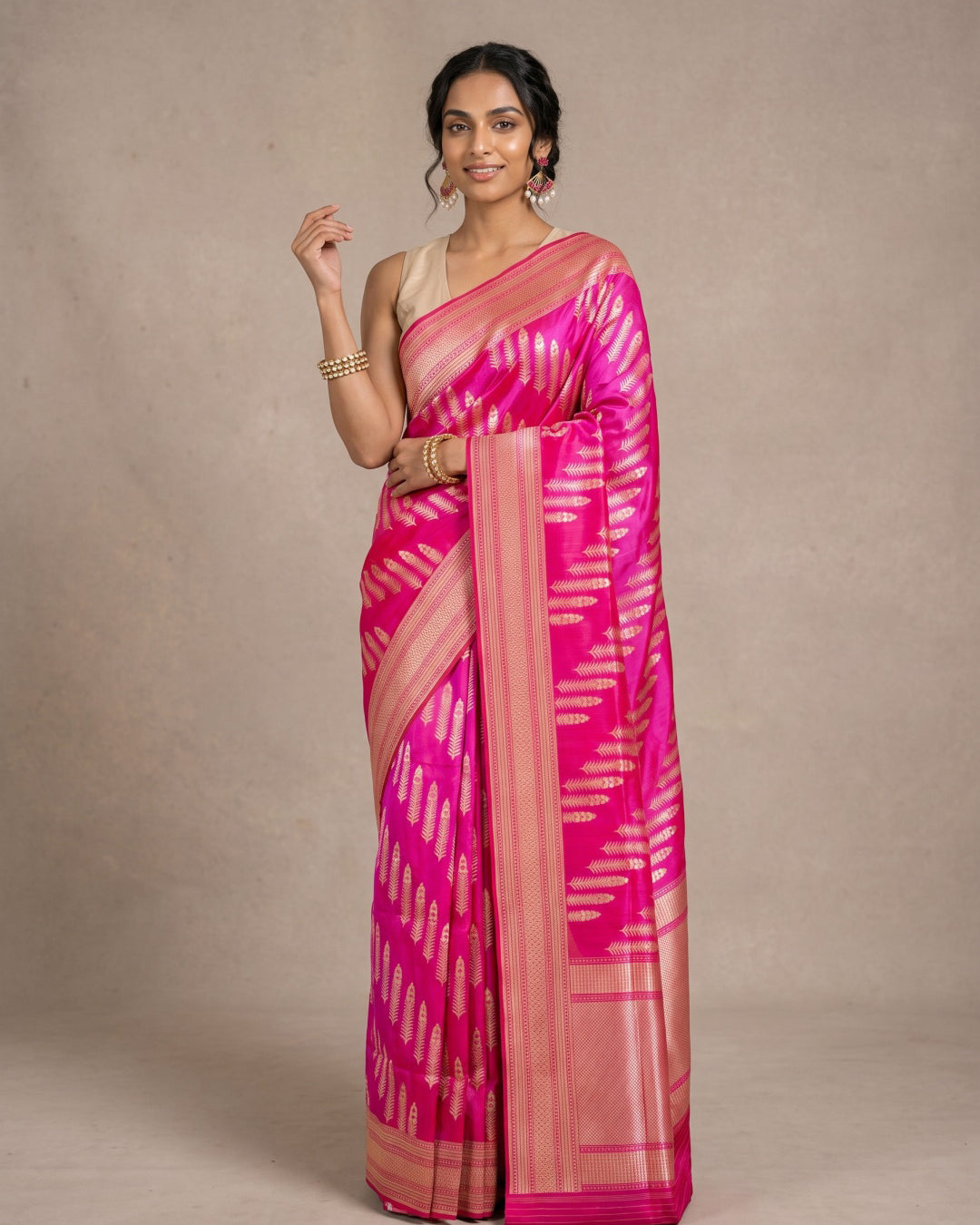 Bright Pink Pure Banarasi Silk Saree with Gold & Silver Diagonal Motifs - detail