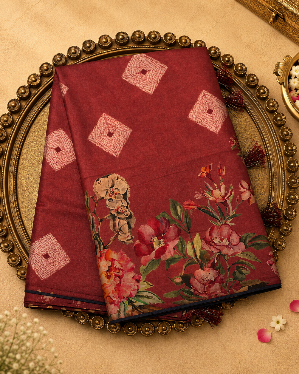 Brick Red Semi Crepe Silk Saree with Floral Print