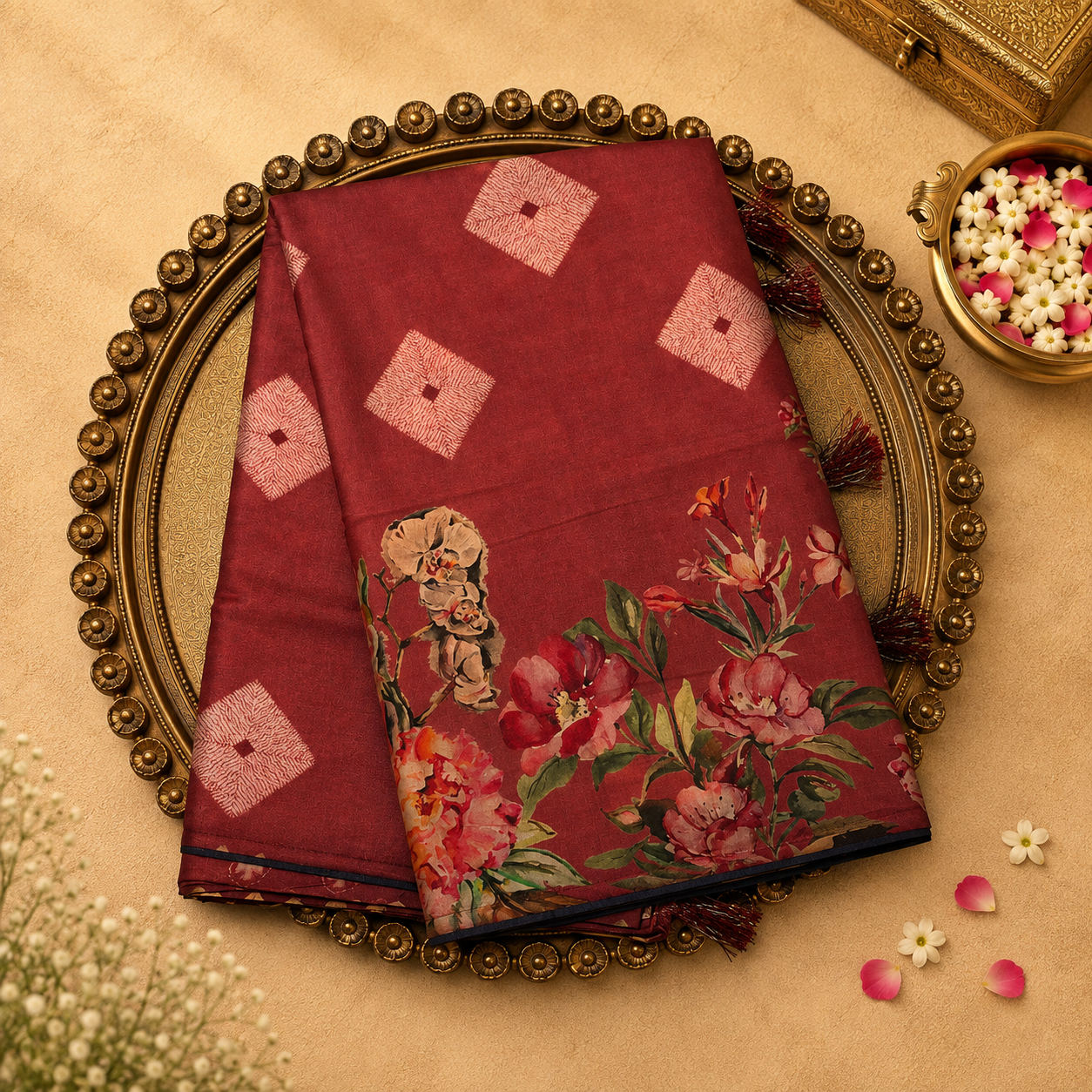 Brick Red Semi Crepe Silk Saree with Floral Print
