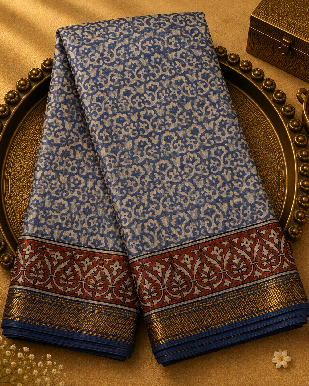 Light Ink Blue Chanderi Silk Saree with Rust Print & Zari Border