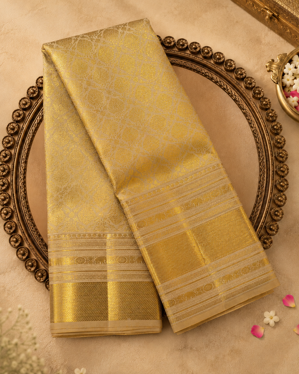 Ivory Kanchivaram Pure Brocade Silk Saree with Gold Zari Buttas
