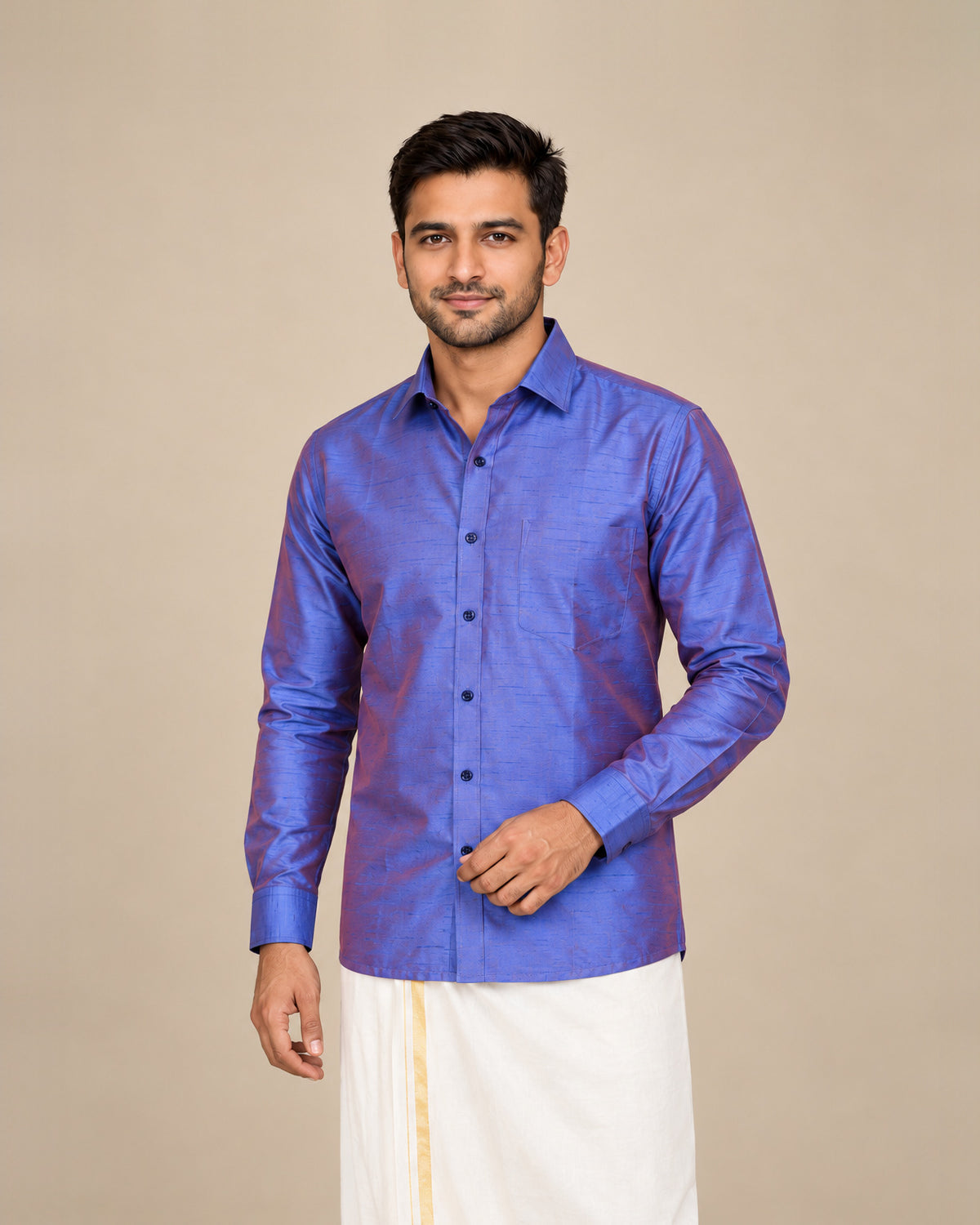 Dark Blue and Purple Dual-Tone Plain Raw Silk Shirt