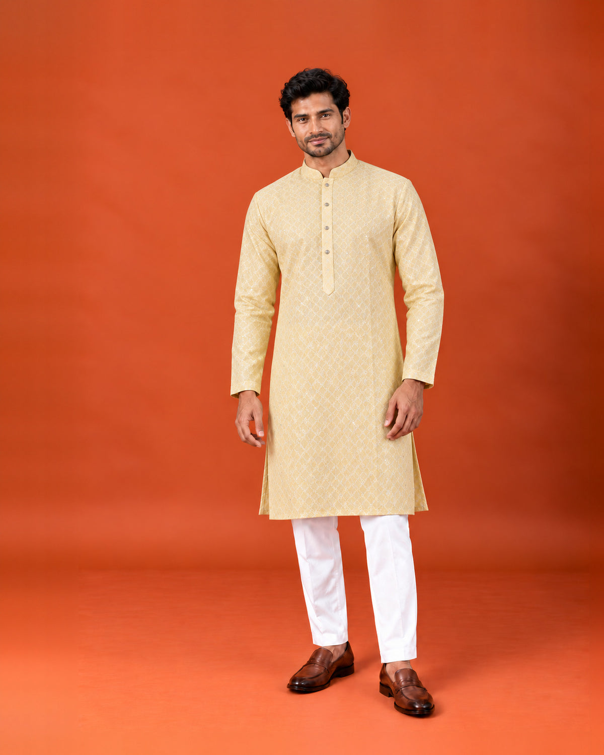 Yellow Rayon Cotton Embroidered Kurta with White Pants