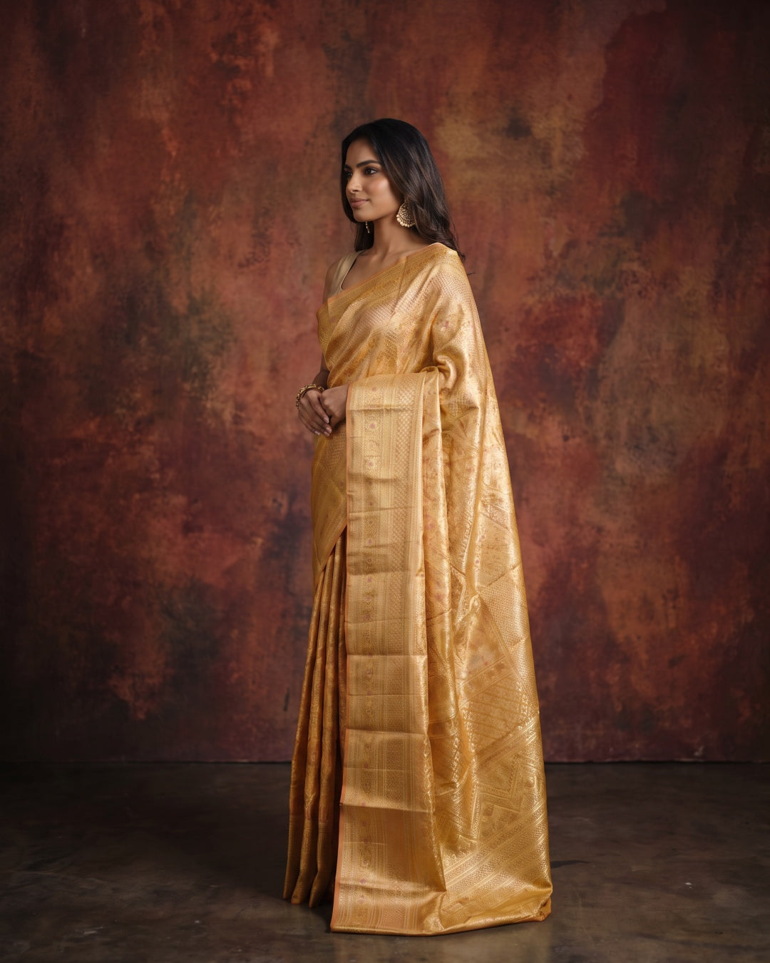 Bright Reddish Orange Pure Kanjeevaram Silk Saree with Gold & Silver Vertical Weave - detail