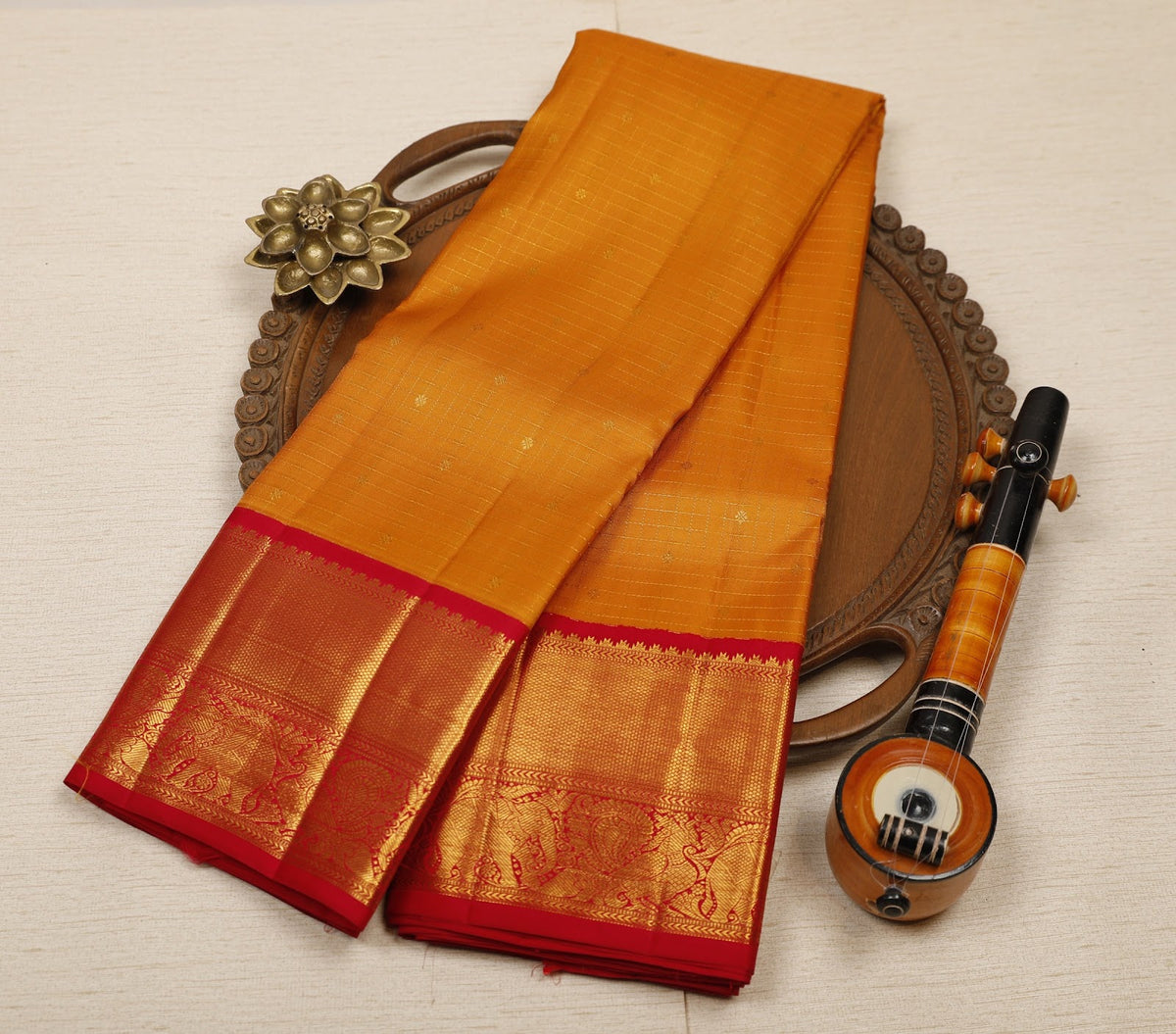 Mustard Yellow Pure Handloom Kanjeevaram Silk Saree with Zari Checks, Buttas & Pink Peacock Border