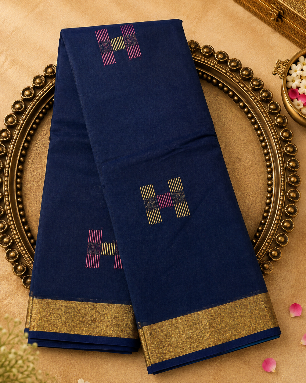 Dark Blue Pure Silk Cotton Saree with Woven Motifs