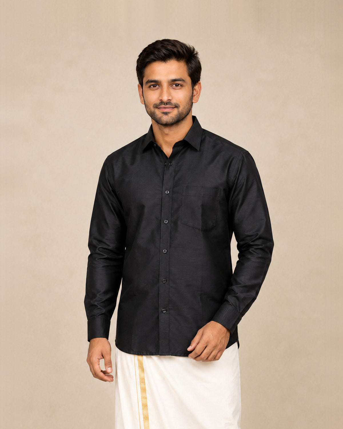 Black Plain Raw Silk Shirt