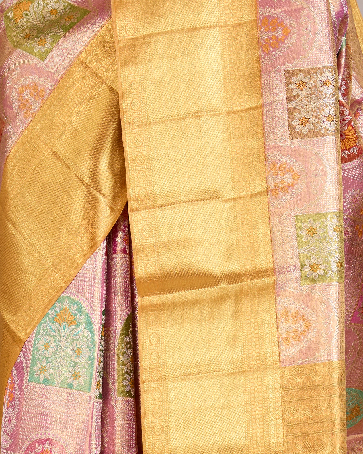 Onion Pink Pure Kanjeevaram Tissue Brocade Saree with Yellow Zari Border - detail