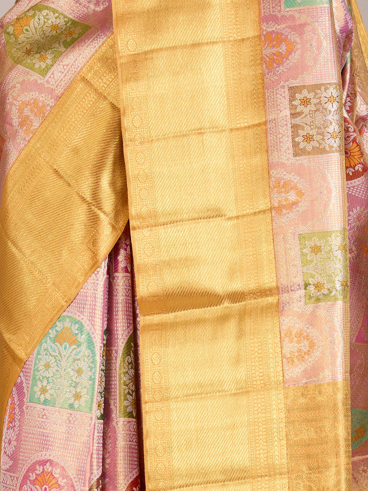 Onion Pink Pure Kanjeevaram Tissue Brocade Saree with Yellow Zari Border - detail