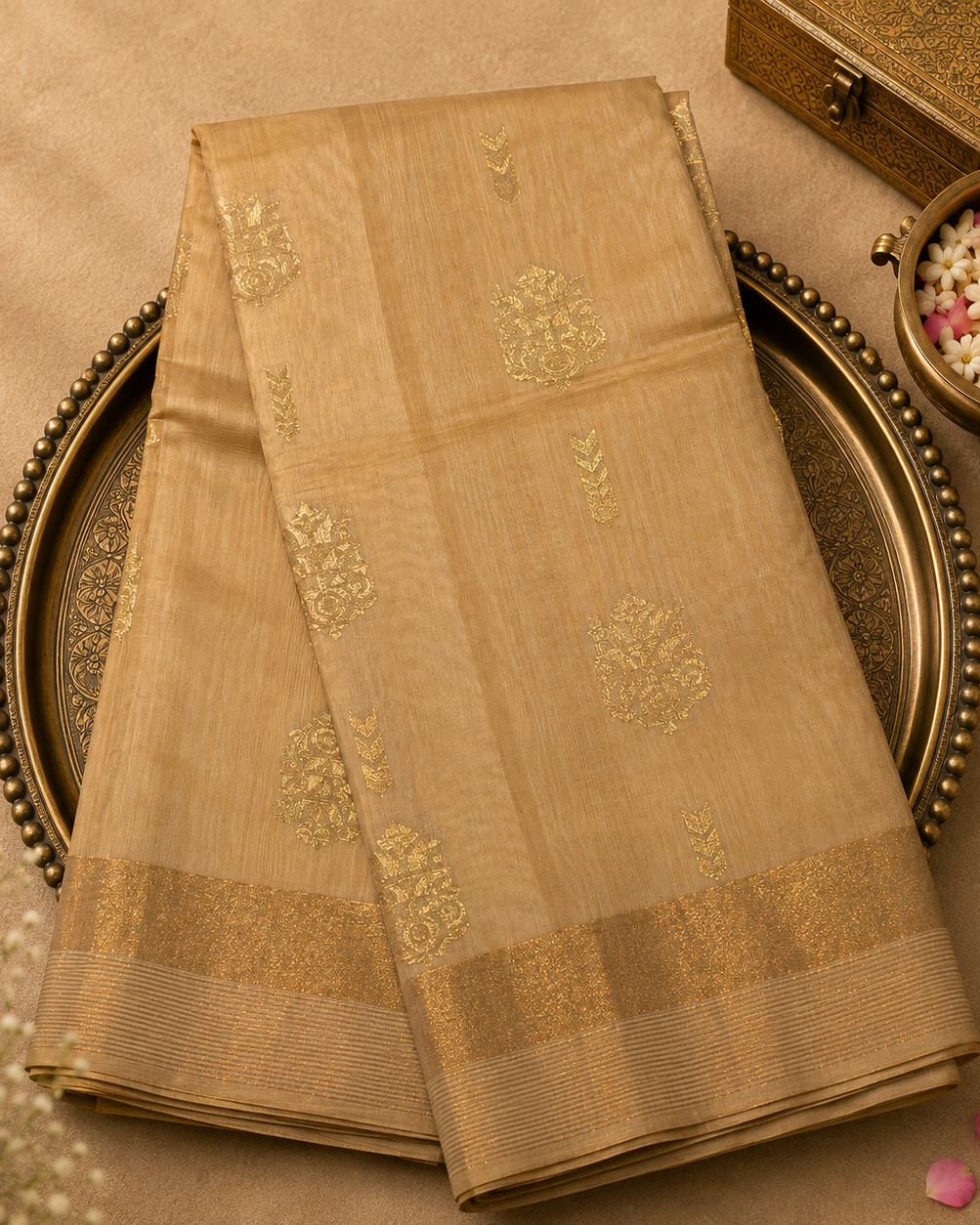 Beige Pure Silk Cotton Saree with Gold Zari Motifs