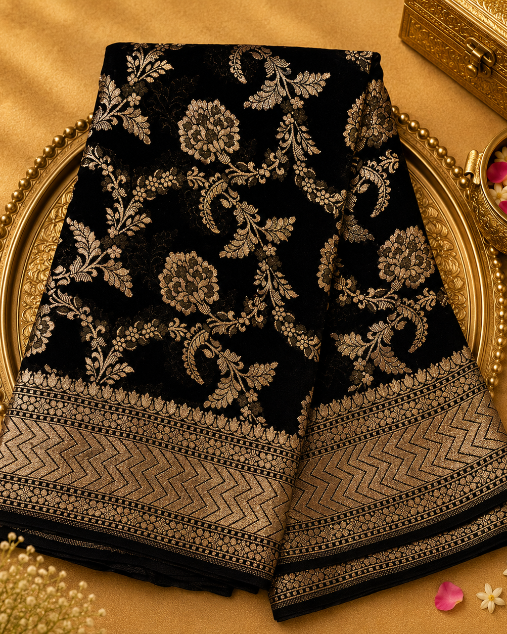 Black Pure Banarasi Georgette Saree with Silver Zari Jaal & Plain Zari Blouse